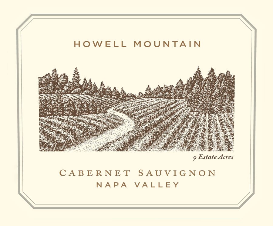 A label for Howell Mountain Cabernet Sauvignon from Napa Valley. It features an illustration of a vineyard with rows of grapevines and distant trees. The text mentions 9 Estate Acres.