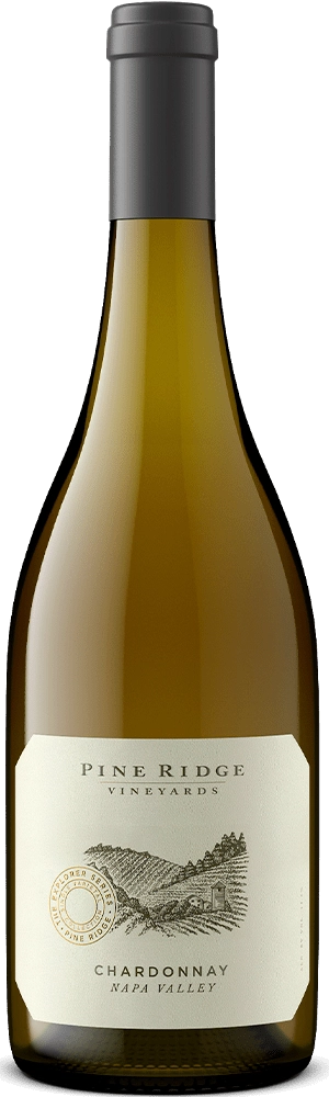 A bottle of Pine Ridge Vineyards Chardonnay from Napa Valley, reminiscent of a fine Sauvignon Blanc. The wine bottle has a yellow tint and features a label with a vineyard illustration and text. The neck of the bottle is elegantly sealed with a silver capsule.