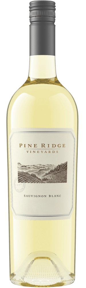 A bottle of Pine Ridge Vineyards North Coast Sauvignon Blanc with a silver screw cap and a cream-colored label featuring a vineyard illustration and the wine name in gold and black text.