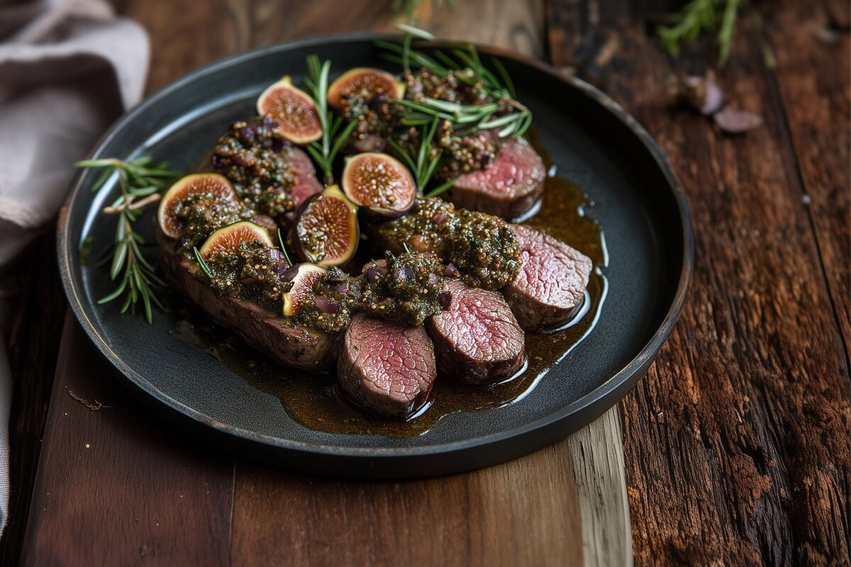 A plate of sliced beef tenderloin topped with a fig and herb sauce. Garnished with fresh rosemary, the dish is presented on a dark ceramic plate placed on a wooden surface.