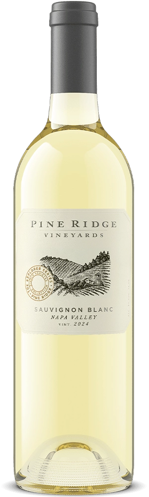 A bottle of Pine Ridge Vineyards Sauvignon Blanc from Napa Valley, vintage 2022. The Sauvignon Blanc features a light yellow hue and a white label with black text and a charming vineyard illustration.