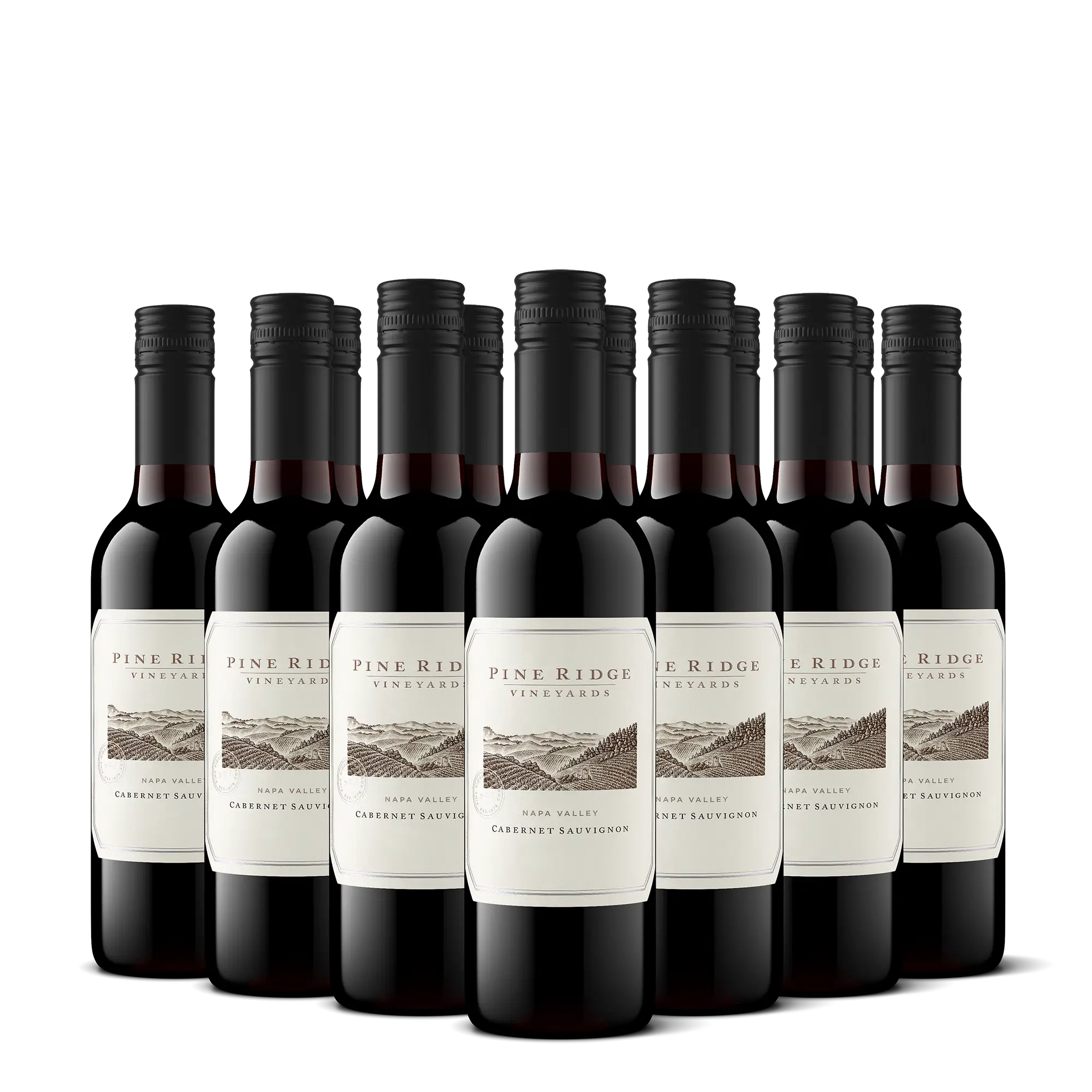 Eight bottles of Pine Ridge Vineyards Napa Valley Cabernet Sauvignon wine are arranged in two rows on a plain white background, showcasing the elegance of the 2023 Napa Valley Cabernet Sauvignon 6-Bottle Collection.