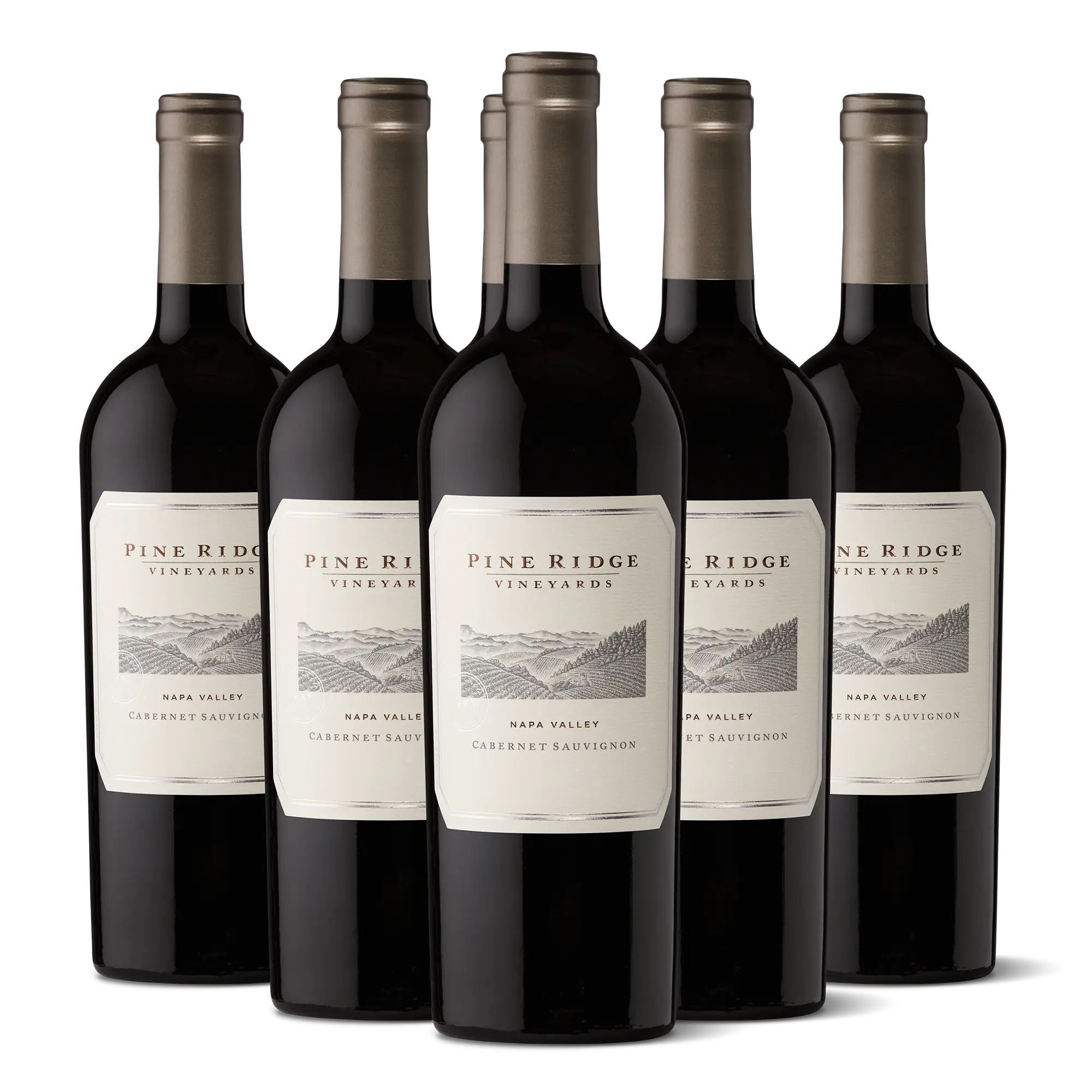 Six bottles from the 2022 Napa Valley Cabernet Sauvignon 6-Bottle Collection by Pine Ridge Vineyards are arranged in two rows, with three bottles in front and three partially visible behind. The labels are white with black text and an illustration.