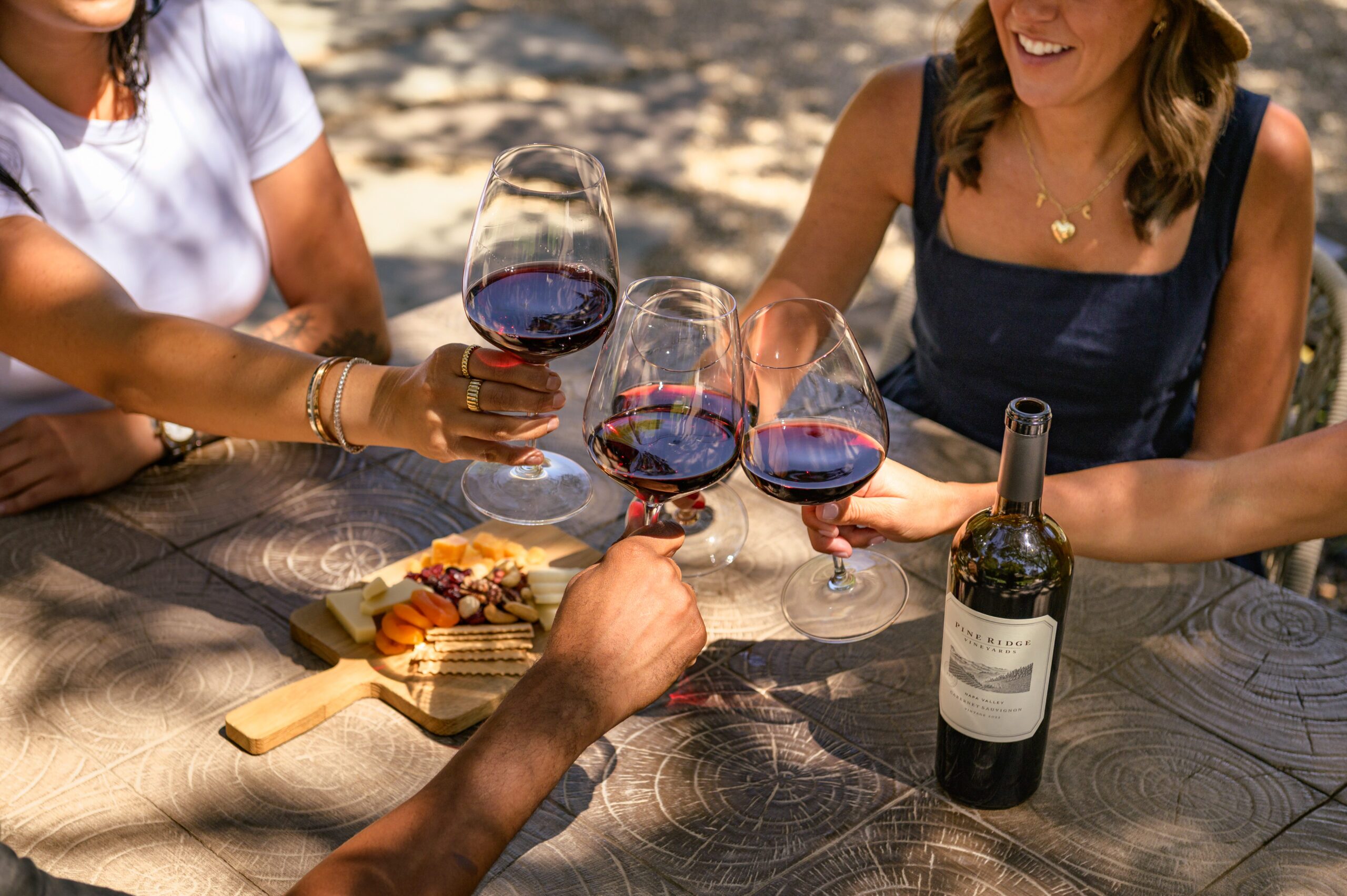 Four people clink glasses of red wine over a wooden table with a bottle of wine and a platter of cheese, crackers, and fruit. One person is smiling, and the scene is outdoors in daylight.
