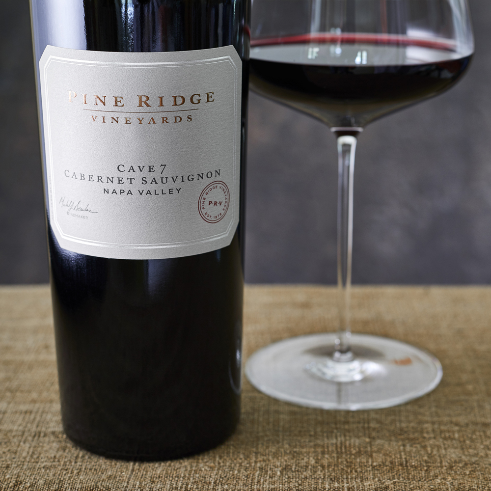Pine Ridge Cave 7 Cabernet bottle and wine glass
