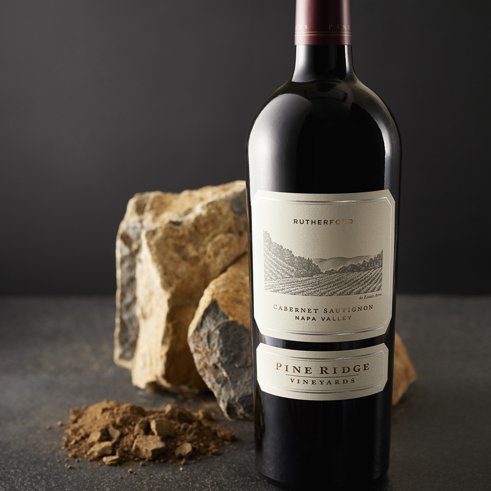 Pine Ridge Vineyards Rutherford Cabernet wine bottle with rocks