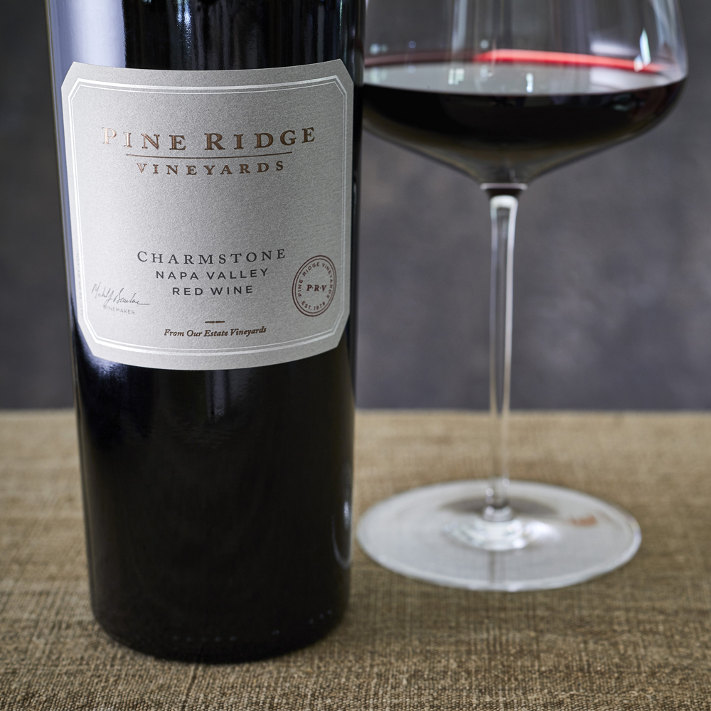 Pine Ridge Vineyards Charmstone Red Wine Bottle and Glass