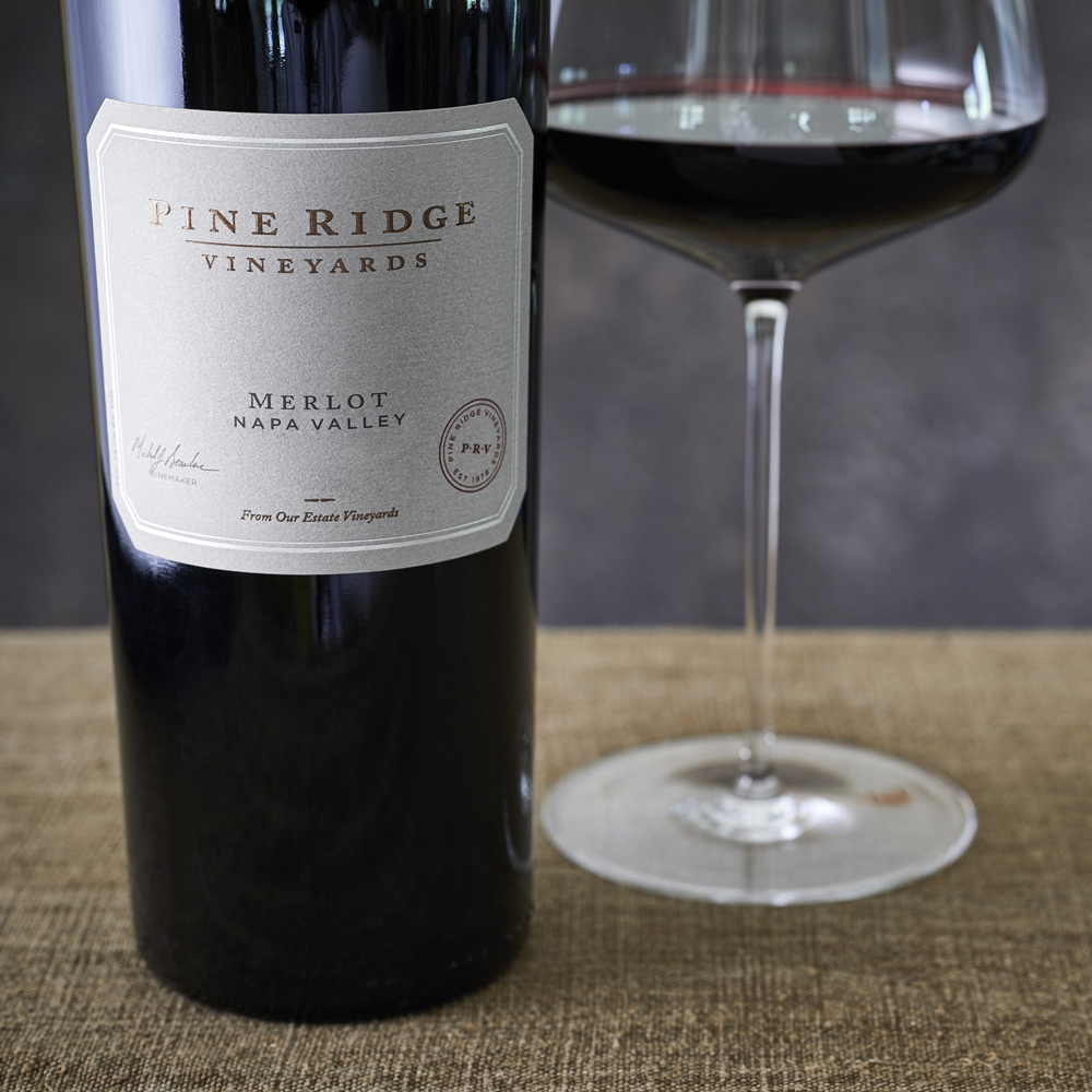 Pine Ridge Vineyards Merlot Wine Bottle and Glass