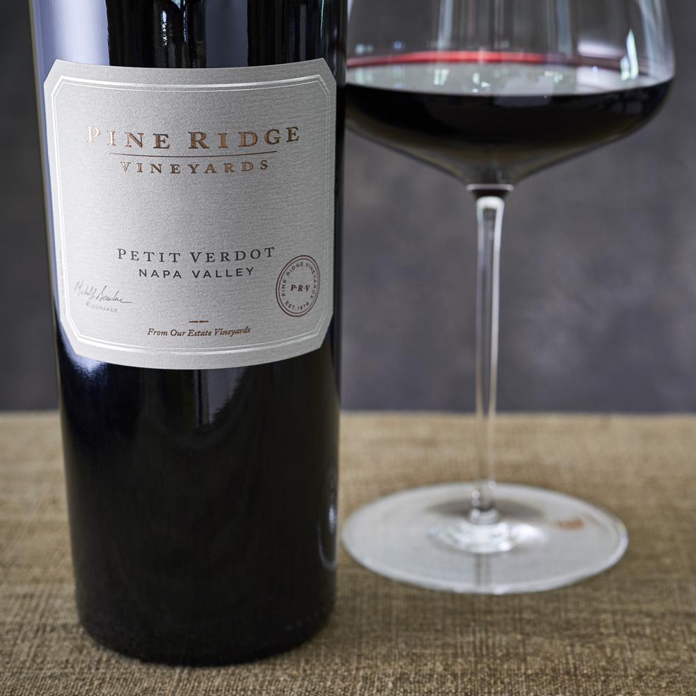 Pine Ridge Vineyards Petit Verdot Wine Bottle and Glass