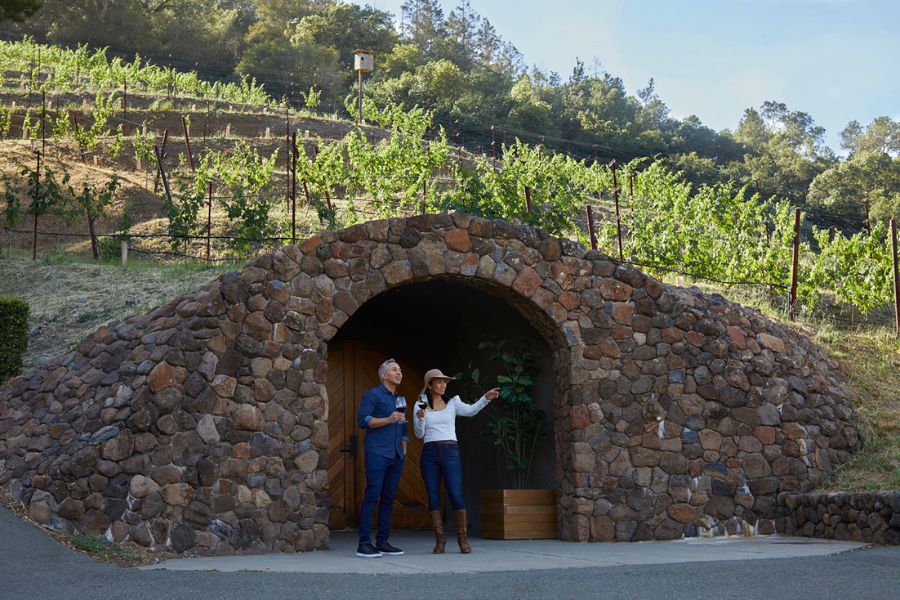 Explorer's tasting at Pine Ridge Vineyards - Couple coming out of cave.