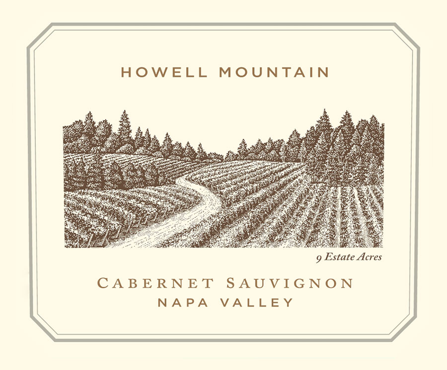 A label for Howell Mountain Cabernet Sauvignon from Napa Valley. It features an illustration of a vineyard with rows of grapevines and distant trees. The text mentions 9 Estate Acres.