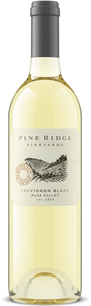 A bottle of Pine Ridge Vineyards Sauvignon Blanc wine, vintage 2022, with a light yellow liquid. The label highlights Napa Valley origins and features an illustration of vineyards alongside text about this vibrant Sauvignon Blanc.