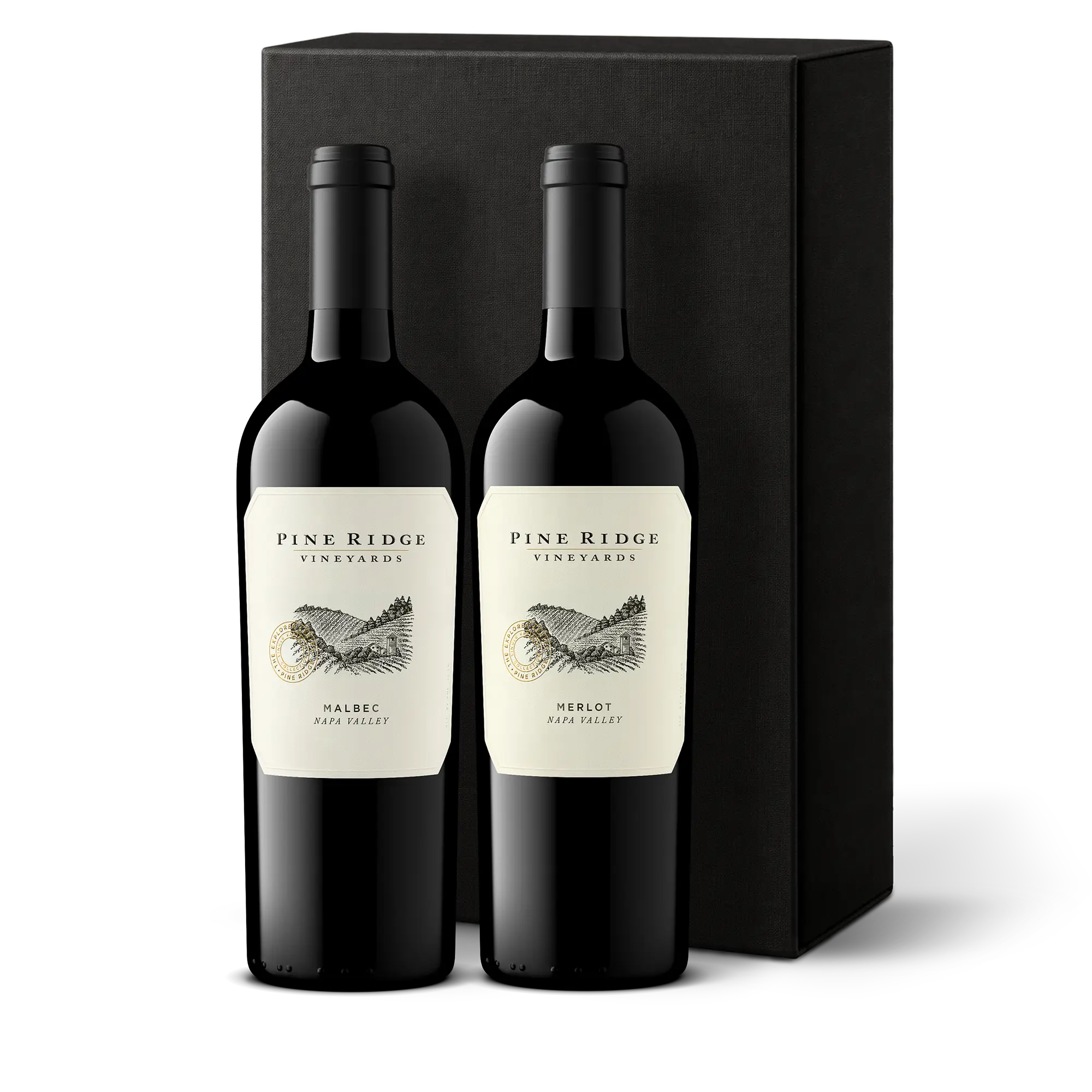 Two bottles of Pine Ridge Vineyards wine, labeled Malbec and Merlot, are displayed in front of a black Bordeaux Luxe Wine Gift box on a white background.