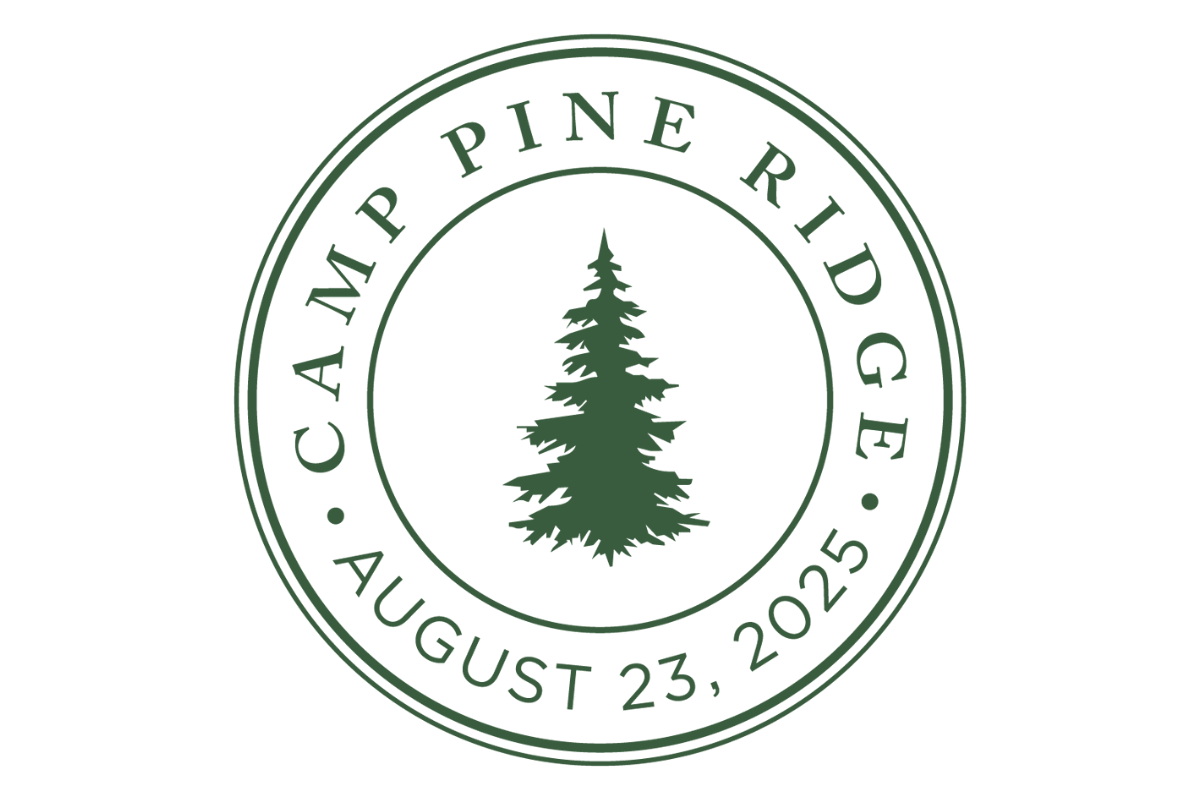 A circular green emblem with a pine tree in the center. The outer ring reads CAMP PINE RIDGE at the top and AUGUST 23, 2025 at the bottom.