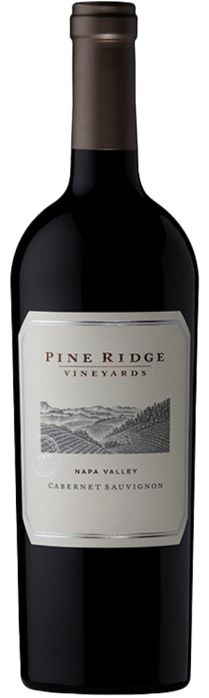 A bottle of Pine Ridge Vineyards Napa Valley Cabernet Sauvignon wine, featuring a dark glass bottle with a brown cap and a rectangular label showing vineyard artwork and the wine’s name.
