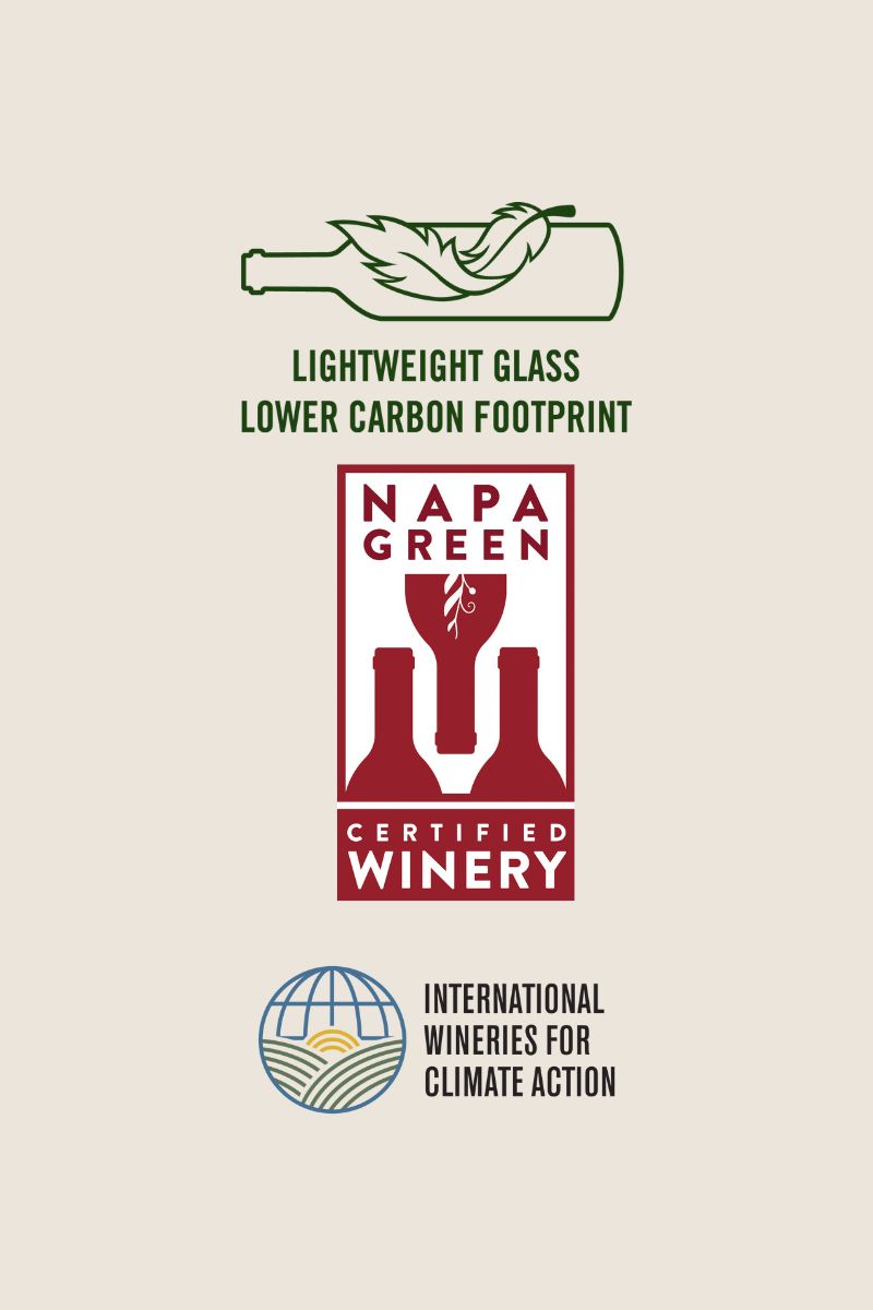 Illustration featuring a green bottle with a leaf, text Lightweight Glass Lower Carbon Footprint, a Napa Green Certified Winery logo, and an International Wineries for Climate Action logo with a globe and vineyard design.