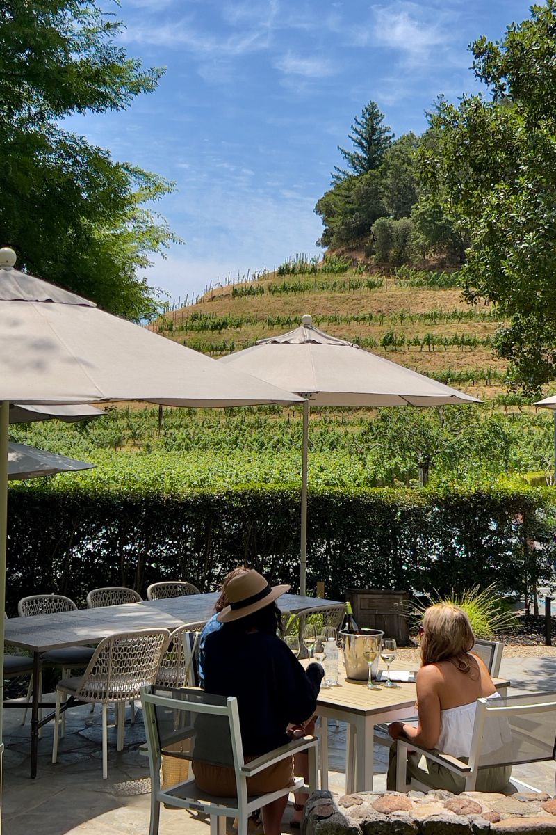 Two people sit at an outdoor table under umbrellas, facing a hillside vineyard. Wine glasses and a wine bucket are on the table. Greenery, hedges, and trees surround the patio under a sunny sky.