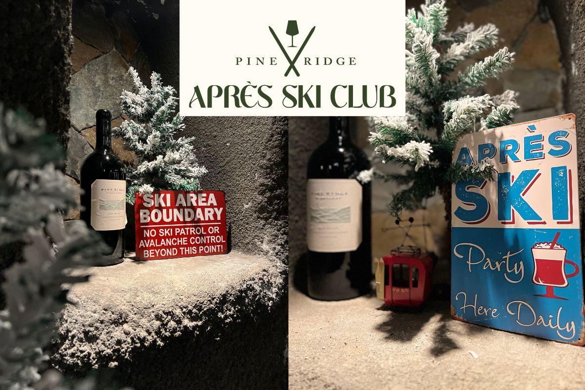 A bottle of wine, small red toy gondola, and snowy pine branches sit beside signs reading “Ski Area Boundary” and “Après Ski Party Here Daily.” The Pine Ridge Après Ski Club logo is at the top center.