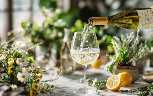 A glass of refreshing white wine is being poured on a table decorated with fresh flowers, green plants, and lemons. The scene is bright and airy, with sunlight streaming in and a fresh, natural atmosphere.