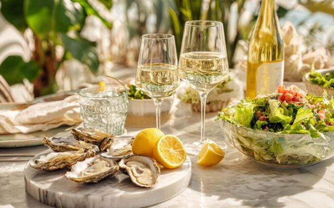 A marble platter with opened oysters and halved lemons sits on a table next to a bowl of salad, two glasses of refreshing white wines, a wine bottle, and glassware, with greenery in the background.