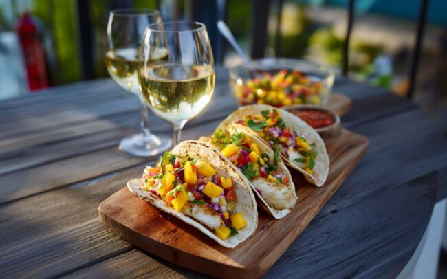 Three fish tacos topped with mango salsa are arranged on a wooden board next to two glasses of refreshing white wines on an outdoor table. A bowl and another glass contain more salsa in the background.