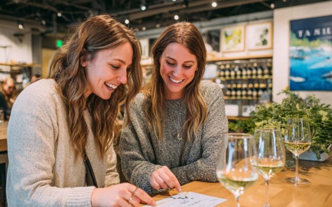 Two women sit together at a wooden table in a well-lit modern space, smiling and looking at a menu. Three glasses of refreshing white wines and some greenery are on the table, with artwork and wine bottles visible in the background.