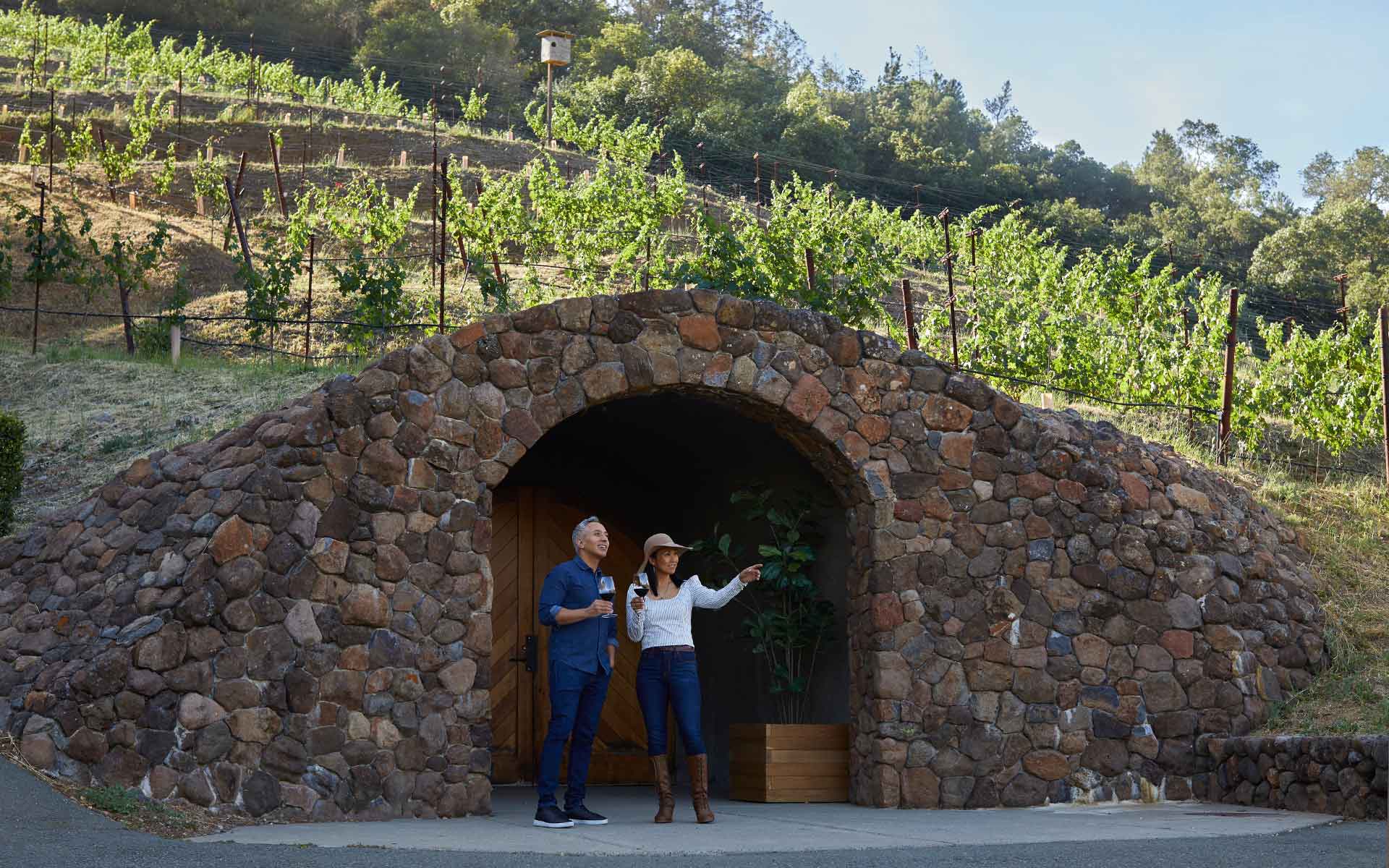 A man and woman stand at the entrance of a stone wine cave built into a hillside vineyard on a sunny day, with grapevines growing on the slope above and trees in the background.