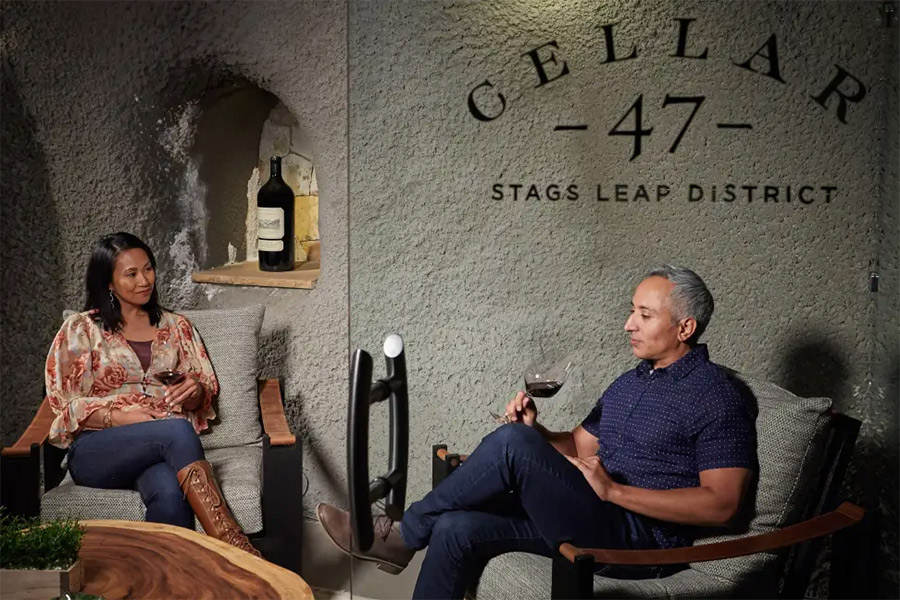 Two people sit and converse in a modern wine cellar labeled Cellar 47, Stags Leap District. One holds a glass of red wine; a bottle sits on the stone shelf behind them—perfect for those seeking Wine Clubs with Great Perks.
