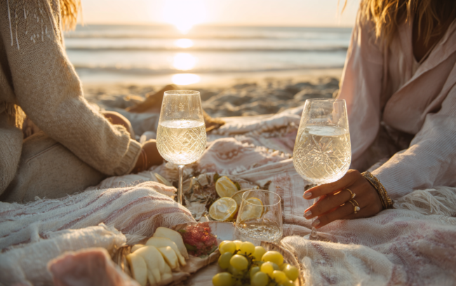 Two people sit on a blanket at the beach during sunset, enjoying refreshing white wines alongside a drink with lemon slices, cheese, grapes, and sliced meats laid out in front of them.