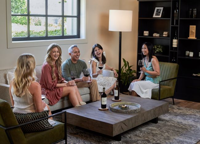 Five adults sit in a living room, holding wine glasses and smiling. A coffee table with two wine bottles is in front of them. The room has green chairs, a sofa, a floor lamp, and a window letting in natural light.