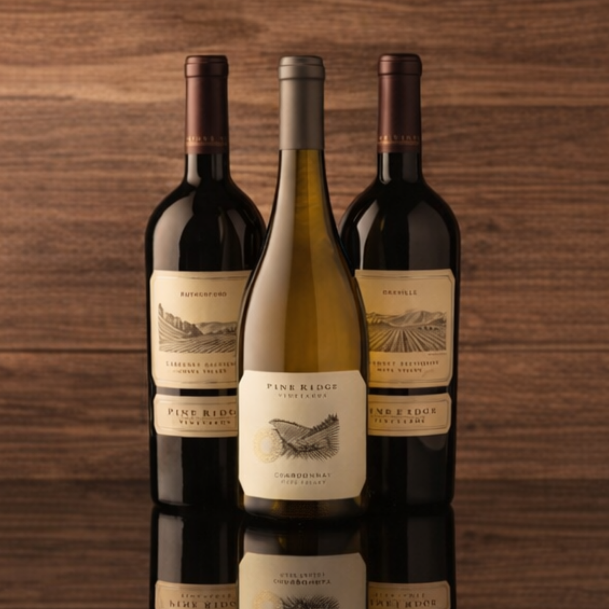 The Earth Day Trio features three wine bottles on a reflective surface with a wooden background: a Pine Ridge Vineyards Chardonnay in the center, flanked by two bottles of red wine from the same winery.