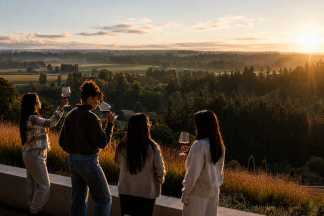 Four people stand on a terrace at sunset, each holding a glass of wine, overlooking a scenic landscape of trees, fields, and distant hills under a partly cloudy sky.