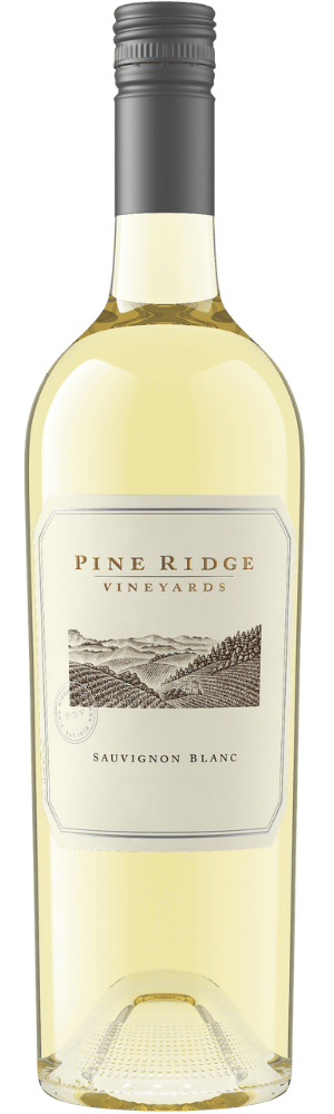 A bottle of Pine Ridge Vineyards North Coast Sauvignon Blanc with a silver screw cap and a cream-colored label featuring a vineyard illustration and the wine name in gold and black text.