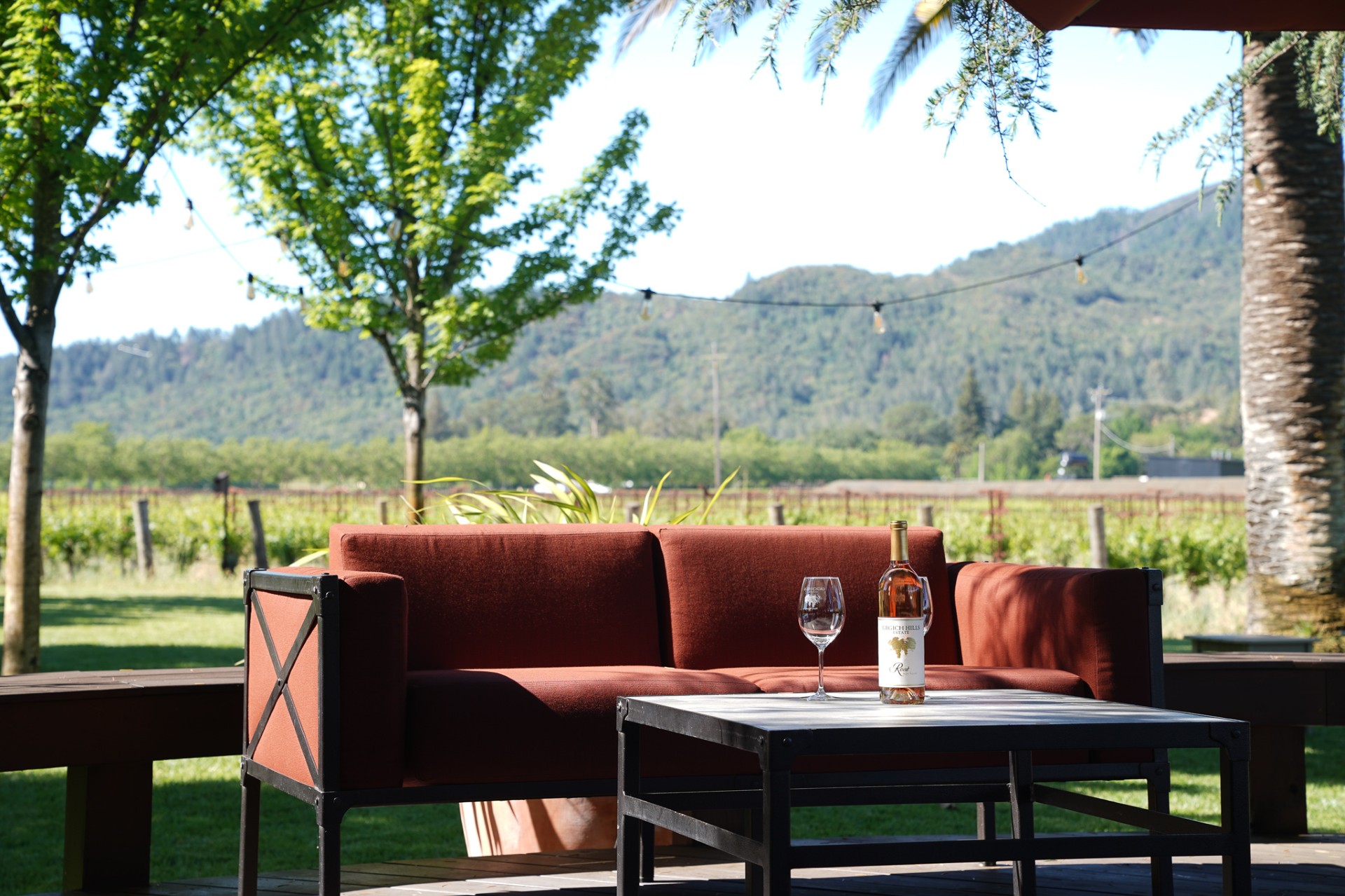 A brown outdoor sofa sits on a wooden deck facing a vineyard, with a bottle of wine and a glass on a black metal table. Trees and mountains are visible in the background under a clear sky.