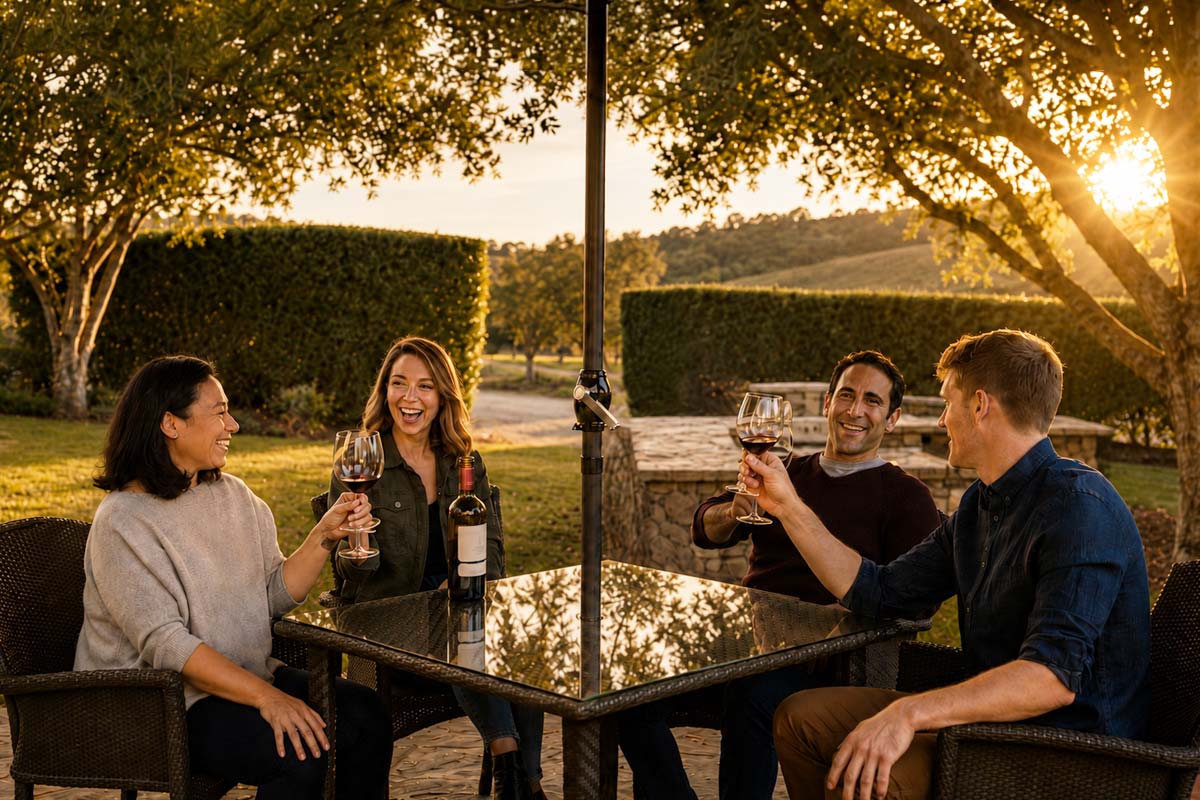 Four people sit around a glass table outdoors, smiling and toasting with glasses of red wine. A wine bottle is on the table. Trees and sunlight fill the background, suggesting an evening gathering.