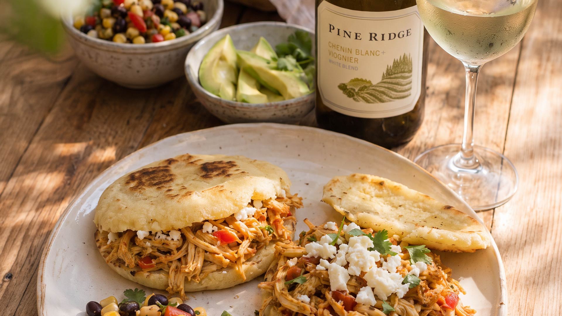 Two arepas filled with shredded chicken and cheese on a plate, served with black bean salsa, avocado slices, a glass of white wine, and a bottle labeled Pine Ridge Chenin Blanc + Viognier sit atop a wooden table—an inviting showcase for anyone seeking an authentic chicken arepas recipe.