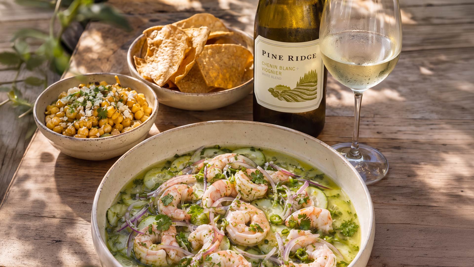 A bowl of shrimp ceviche garnished with herbs and onions sits on a wooden table next to a bowl of corn, a bowl of tortilla chips, a bottle of white wine, and a filled wine glass.