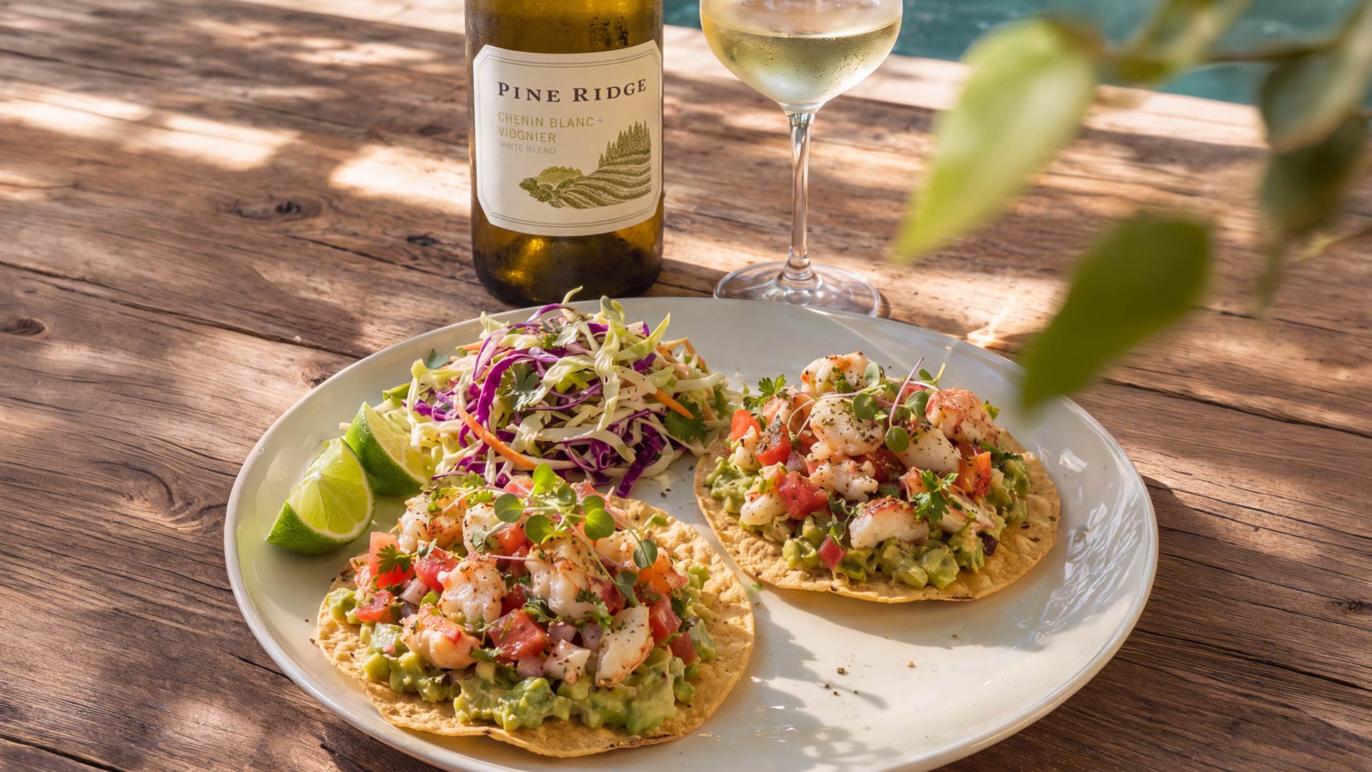 A plate with two shrimp tostadas topped with diced tomatoes and cilantro, served with a side of slaw and lime wedges. A glass and bottle of white wine sit on a rustic wooden table in sunlight.