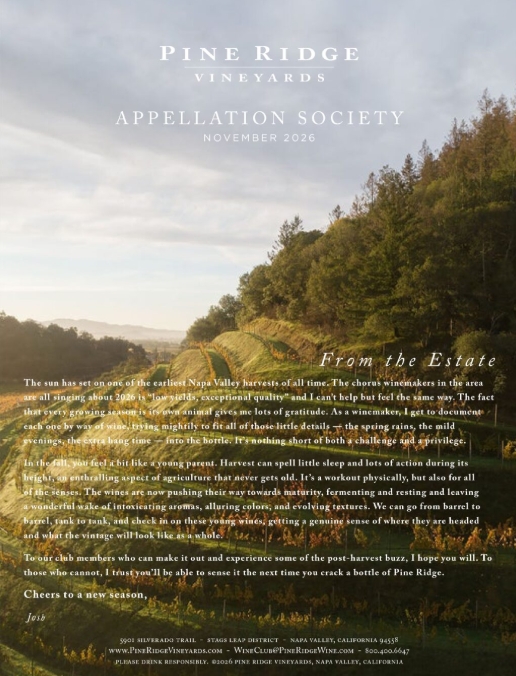 Pine Ridge Vineyards Appellation Society newsletter for November 2026, featuring a letter from the winemaker overlaid on a photo of sunlit terraced vineyards.